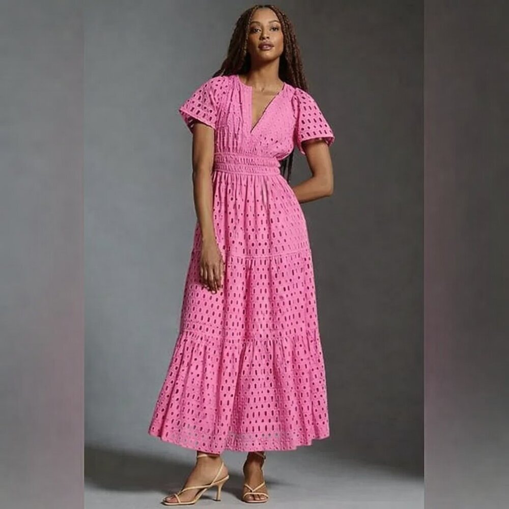 Anthropologie Pink Eyelet Tiered Maxi Dress Puff Sleeve Spring Summer Sz XLP